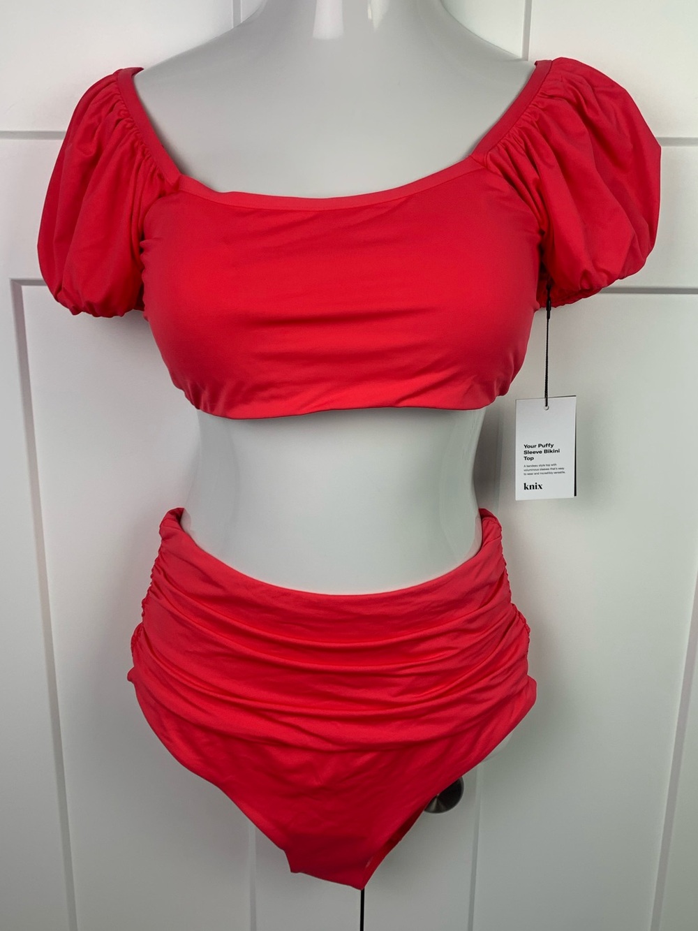 Knix Bikini Set XL Puff Sleeve Bikini Top High Waist Bottom Pink Pepper Preppy